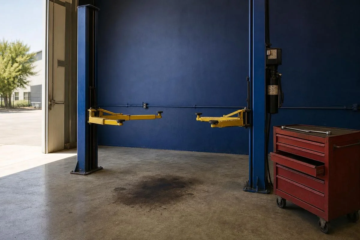 Elevador automotivo vazio dentro de uma oficina de preparação